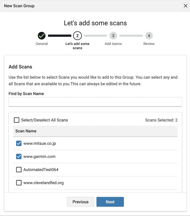 Select Scans to add to Scan Group