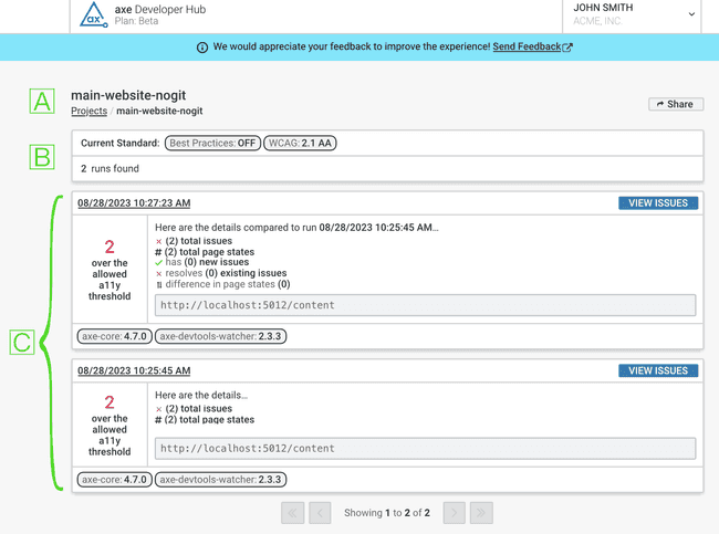 Shows a screenshot of the test runs page with two test runs logged and the parts of the page labeled A through C.