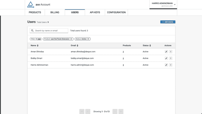 Screenshot of user management the axe Account Portal