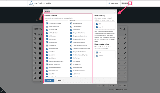 Screenshot of the Settings dialog with all the custom rulesets available to select and deselect via checkboxes.