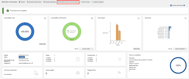 Test Run Overview for Generate Executive Summary Report