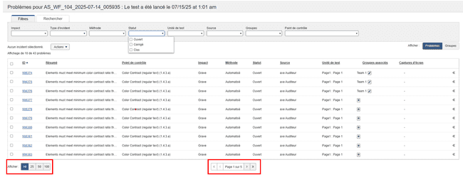 En cliquant sur Afficher les lignes par page de tableau, Page # du total des boutons de navigation