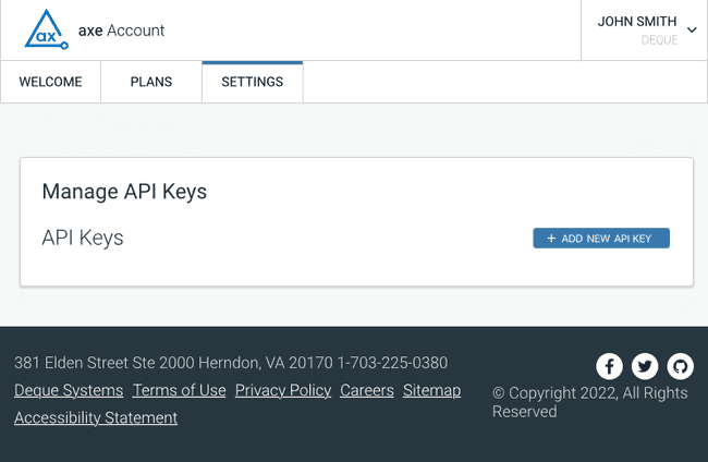 Screen shot of axe.deque.com settings page. This is where you can manage your axe-linter SaaS and other API keys.