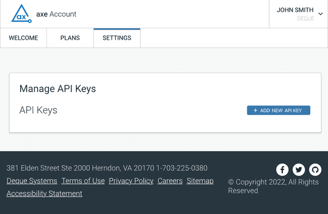 Screen shot of axe.deque.com settings page. This is where you can manage your axe DevTools Linter SaaS and other API keys.