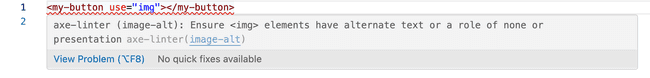 VS Code showing a custom component with a missing alt attribute.