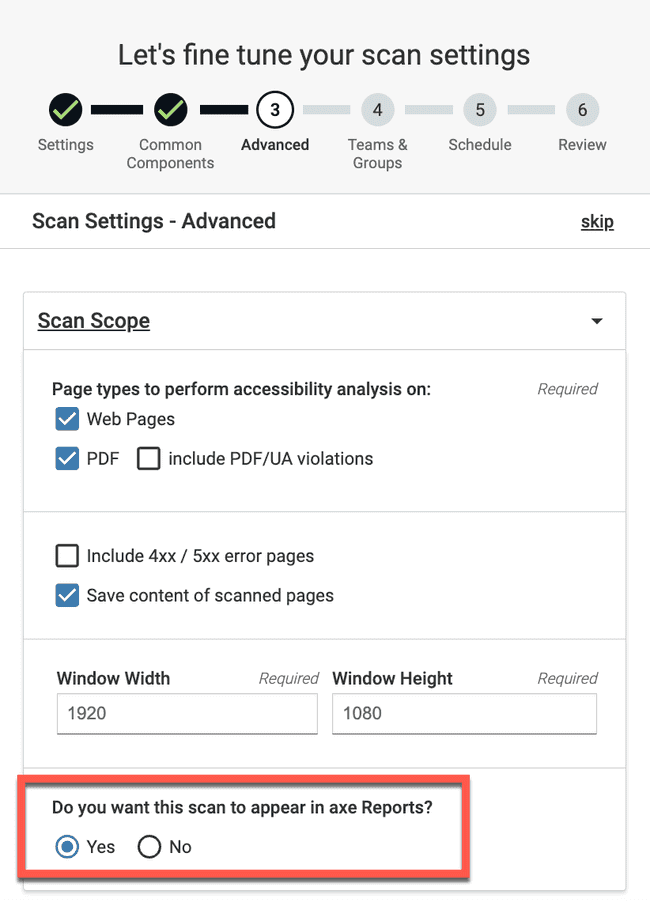 axe Reports settings