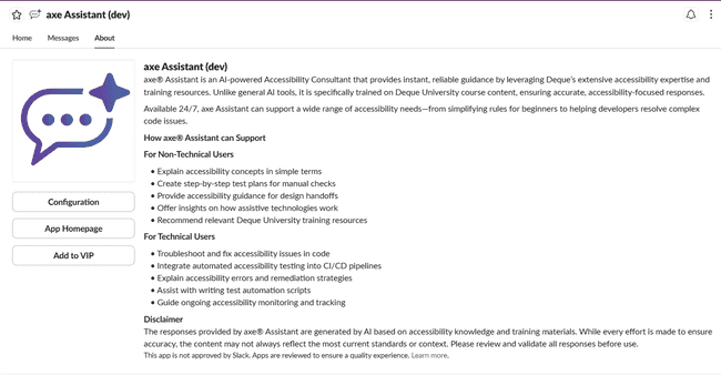 Axe Assistant Overview Page