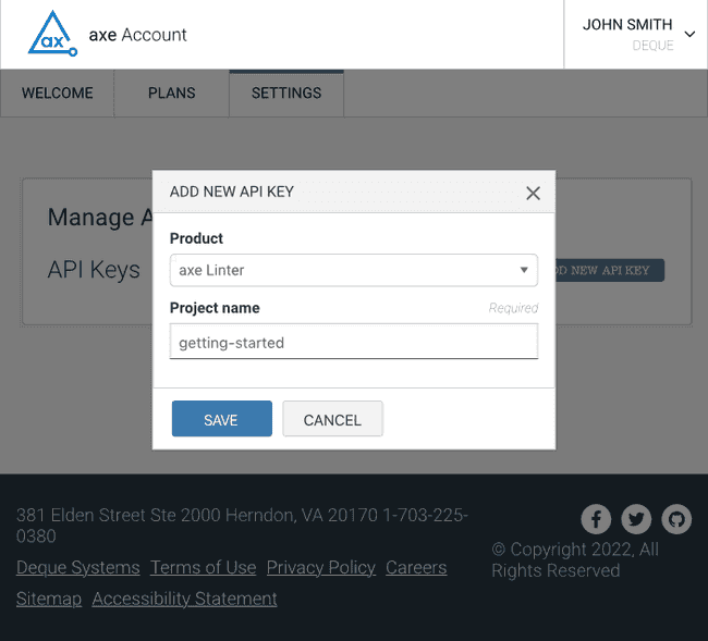 Screen shot of interface for obtaining a new API key.