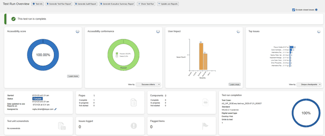 example of a Test Run Overview screen with the tooltips for charts displayed