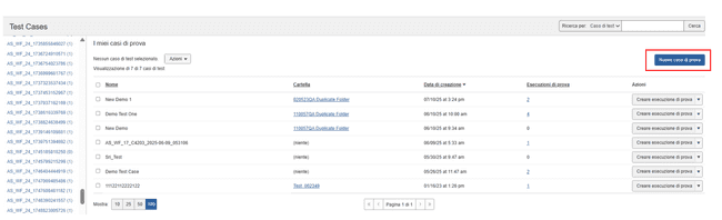 Posizione del pulsante Nuovo caso di test in alto a destra dello schermo