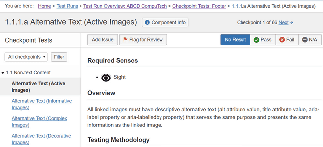 example of the 1.1.1.a Alternative Text (Active Images) individual
checkpoint test (#1 of 66)
screen