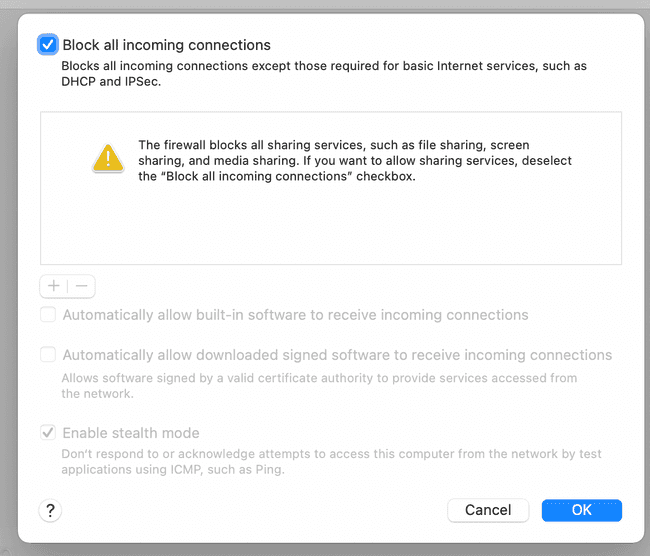 Screenshot of the Firewall settings window on a Mac where the `Block all incoming connections` is checked, displaying the warning about what that setting disables.