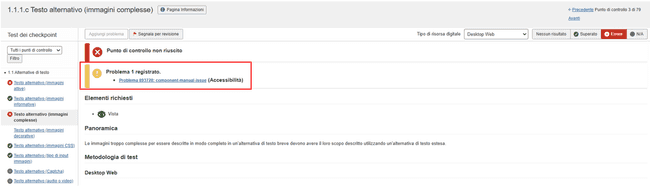 Cliccando sul collegamento  &apos;Visualizza problema&apos; dal messaggio  &apos;Problema registrato&apos; nella parte superiore della schermata del test del singolo Checkpoint