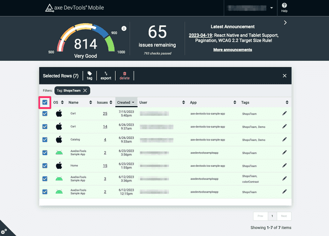  Screenshot of the dashboard where multiple scans are selected. Bulk actions such as tag, export, and delete are now available.