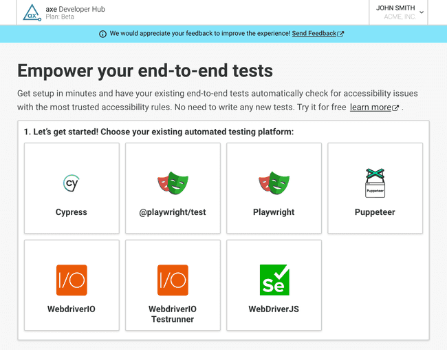 The page for creating a new axe Developer Hub project is where you select the browser automation platform.