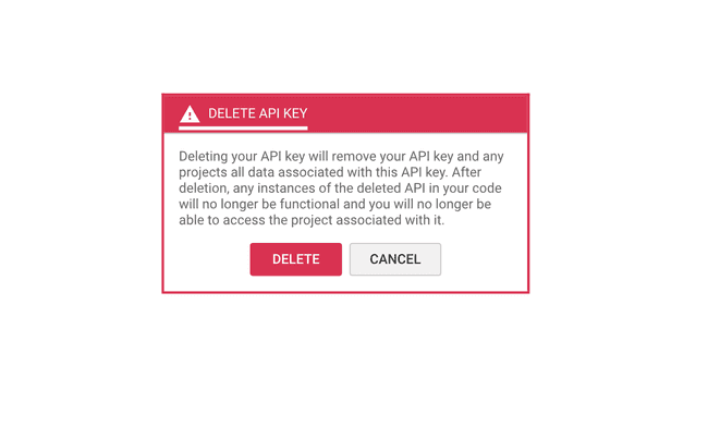 The API key delete confirmation dialog