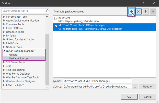 Visual Studio Options panel demonstrating addition of a new Package Source