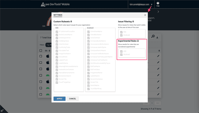 Screenshot of the Settings dialog with the Experimental Rules section highlighted on the right side of the dialog.