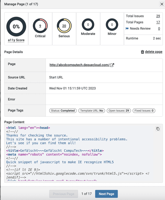 Manage Page Dialog Box