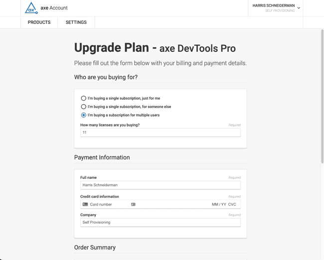 Webpage for upgrading your axe DevTools plan