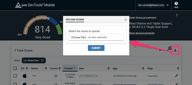 Screenshot of axe DevTools Mobile displaying the 'Menu' button open with a drop-down option to Upload Scans.