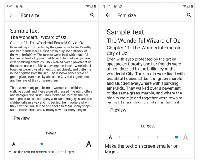 Two screenshots displaying the Android font settings screen. The first screenshot shows the default text size. The second screenshot shows the largest text size.