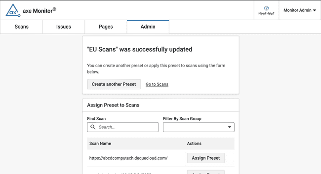 EU Scans preset successfully created. Create another preset. Apply preset. Search bar for scans, table with list of scans and apply preset button.