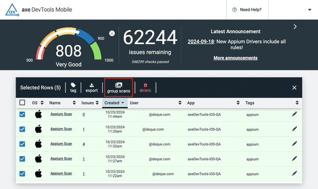 The dashboard table with multiple scans are selected. A menu is available with batch operations including group scans.