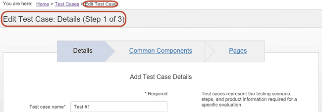 Example of the result of clicking a Test Case link on the Test Cases screen - the Edit Test Case 3-panel wizard appears, with the Details panel open, allowing you to edit fields