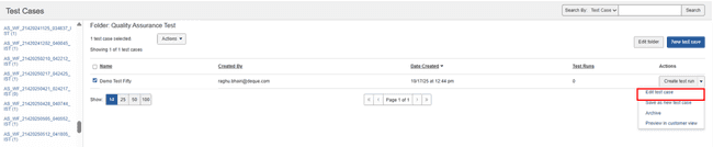 Test Cases page displaying the edit test case option in Actions drop-down
