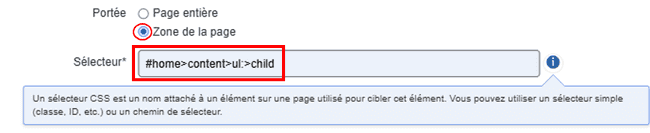 Activation de l'option de bouton radio Zone de page dans le champ Portée, puis remplissage du champ Sélecteur avec la valeur de sélecteur souhaitée