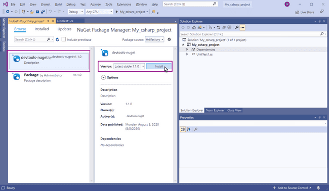 VS 2019 Package Manager Browser tab with the axe-devtools-selenium package and Install button selected