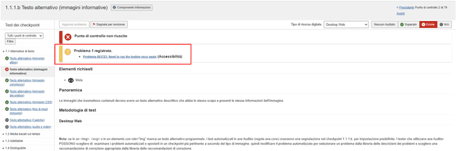 Cliccando sul collegamento  'Visualizza problema' dal messaggio  'Problema registrato' nella parte superiore della schermata del test del singolo Checkpoint