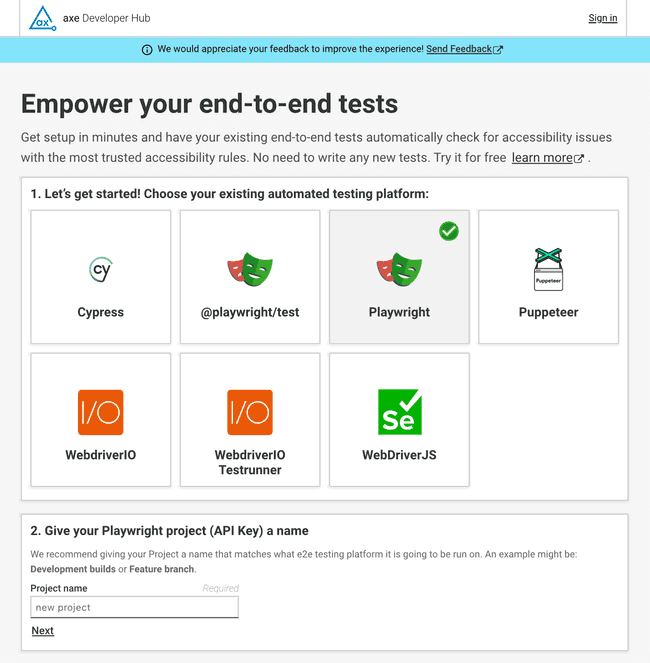 Shows Playwright chosen as the axe Develoepr Hub browser automation platform and prompts for a project name.