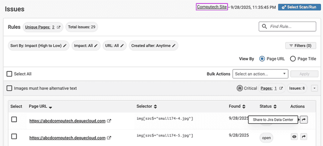 Issues view in axe monitor for Computech site. Rules with filters and bulk actions. Images must have alternate text is expanded. Columns for select, page URL, selector, found, status, and actions. Arrow icon is selected with a tool tip, Share to Jira data center.