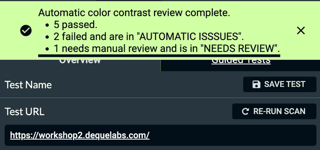 Screenshot of Color Contrast Analyzer results. 5 passed, 2 failed, 1 remains needs review