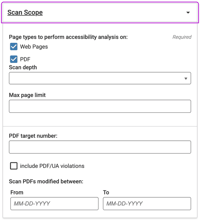 Scan Scope accordion with checkboxes to scan for web pages, pdfs. PDF target number with text input. PDF/UA checkbox. Scan PDFs modified between with text input