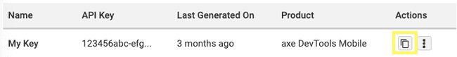 Screenshot of API key settings page with the copy button highlighted.