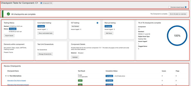 Three distinct sections of the Checkpoint Tests for Page screen as they appear from top to
bottom