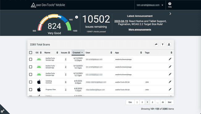 Screenshot of axe DevTools Mobile dashboard showcasing iOS and Android scan results.