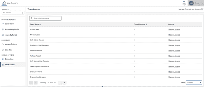 Team Access page in axe Reports with a search bar and table with team names, number of team members and Manage access link for each team