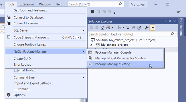 Visual Studio showing the expanded Tools → NuGet Package Manager → Package Settings menu