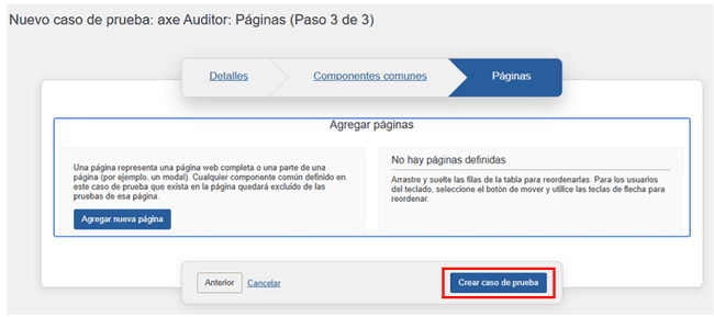 Activación del botón Crear nuevo caso de prueba en el panel Páginas de la pantalla Nuevo caso de prueba: Páginas (Paso 3 de 3)