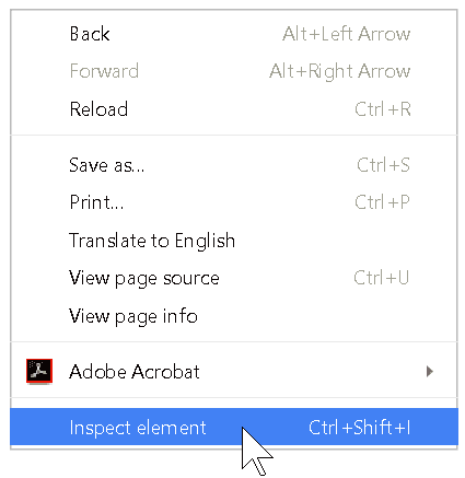 Context menu showing Inspect Element option after right-clicking on the page under test