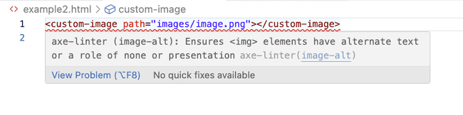 Shows an error detected because the custom component is lacking an alt attribute.