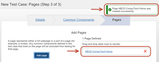 Page displayed in the Pages field after add, with Edit and Delete links