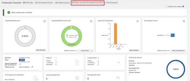 Overzicht testrun voor het genereren van een samenvattingsrapport