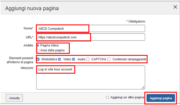 Compilare i campi nella finestra di dialogo Aggiungi pagina con voci e selezioni, quindi attivare il pulsante Aggiungi pagina