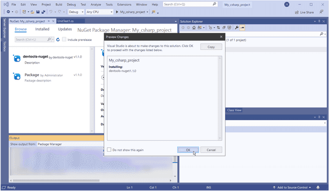 VS 2019 NuGet Package Manager Installation displaying Preview Changes modal and a list of install actions in the Output console. Selecting OK completes the package install and dismisses the modal