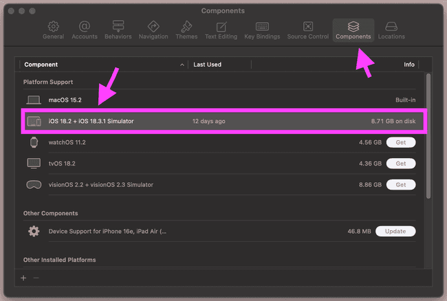 screenshot with Components tab open and an iOS simulator selected. some unselected menu options have a button in the info field for the user to 'Get' or 'Update'